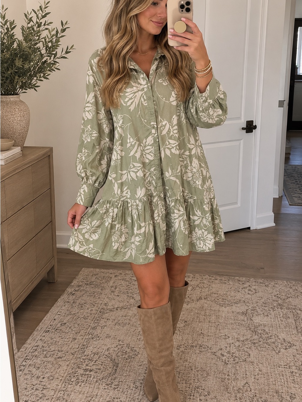 Reserved Sage Green Floral Button-Front Mini Dress